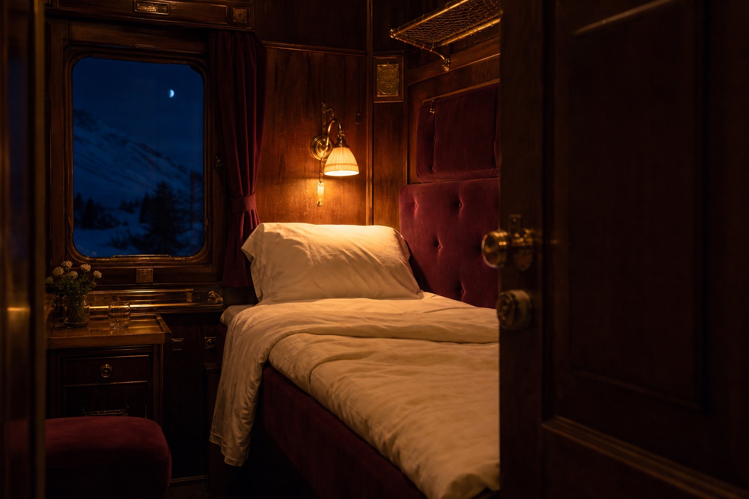 A sleeper cabin with the bed turned down, brass reading lamp lit, moonlit snow through the window