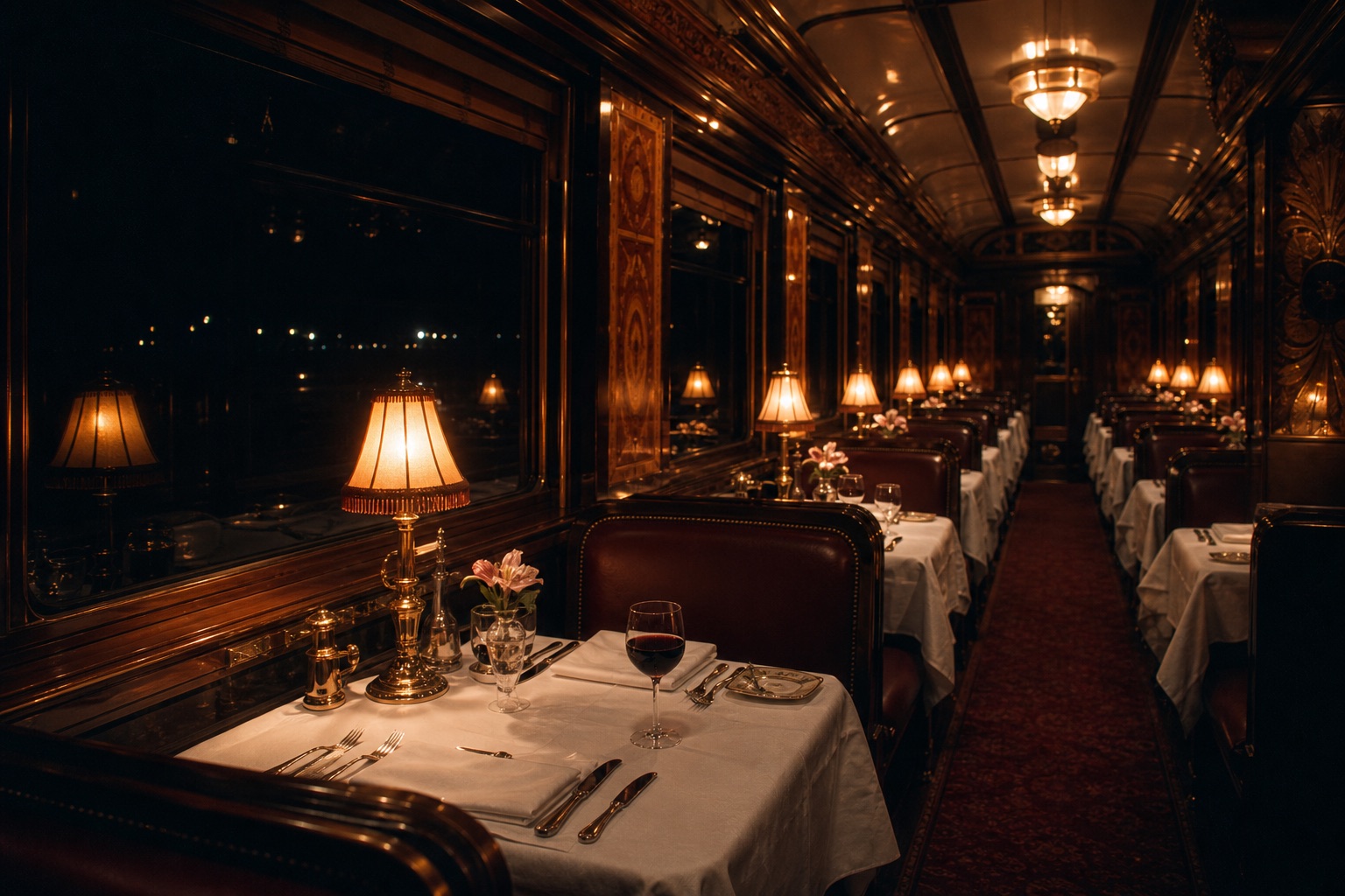 The dining car at night: white tablecloths, brass table lamps, burgundy leather banquettes, dark windows
