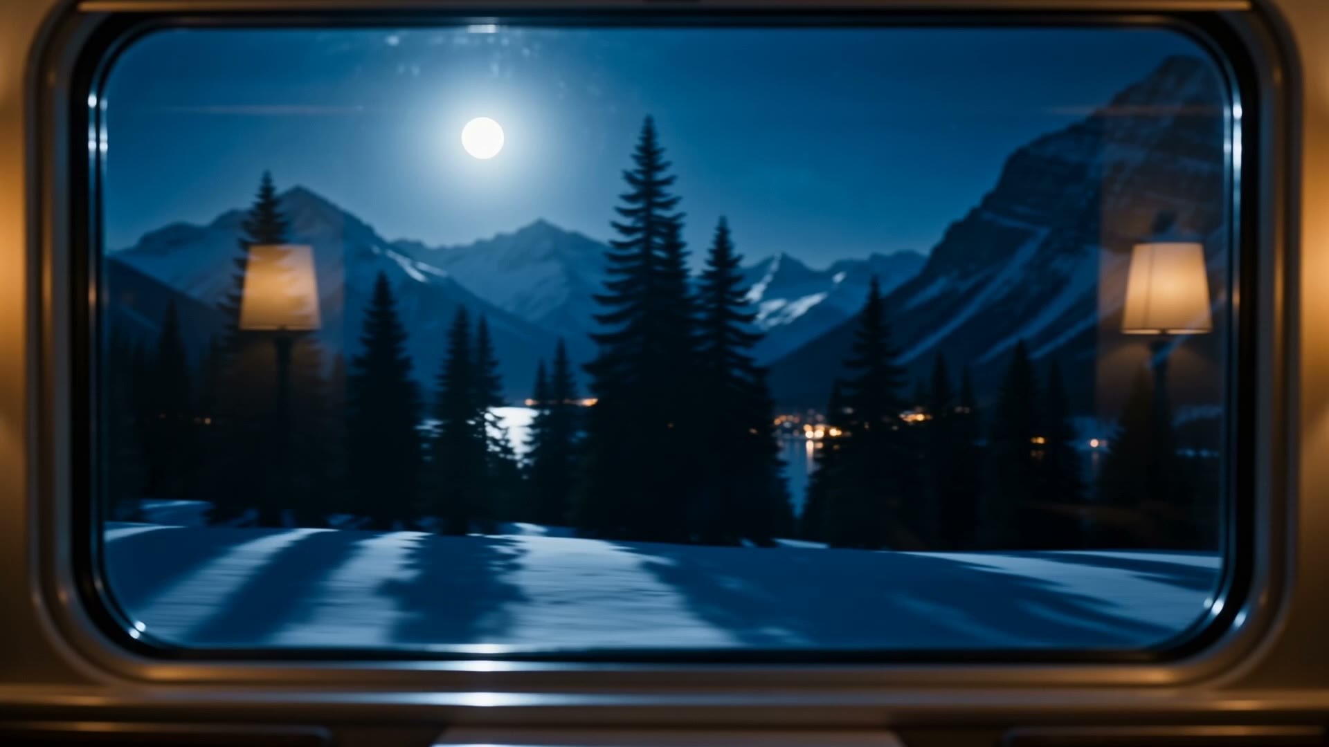 Moonlit peaks and pines through the sleeper window in the last hour of night